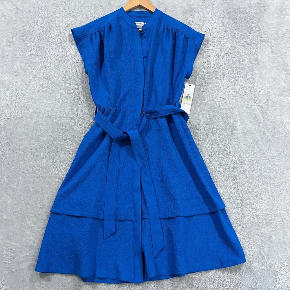 CALVIN KLEIN Dress 4 Blue Button Front Belted Ruffle Short Sleeve Preppy $134